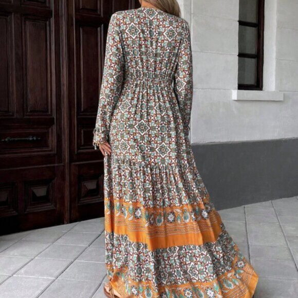 New Casual Patchwork Full Print Short Sleeve Dress Maxi Women Outfit Fall C - Picture 2 of 4